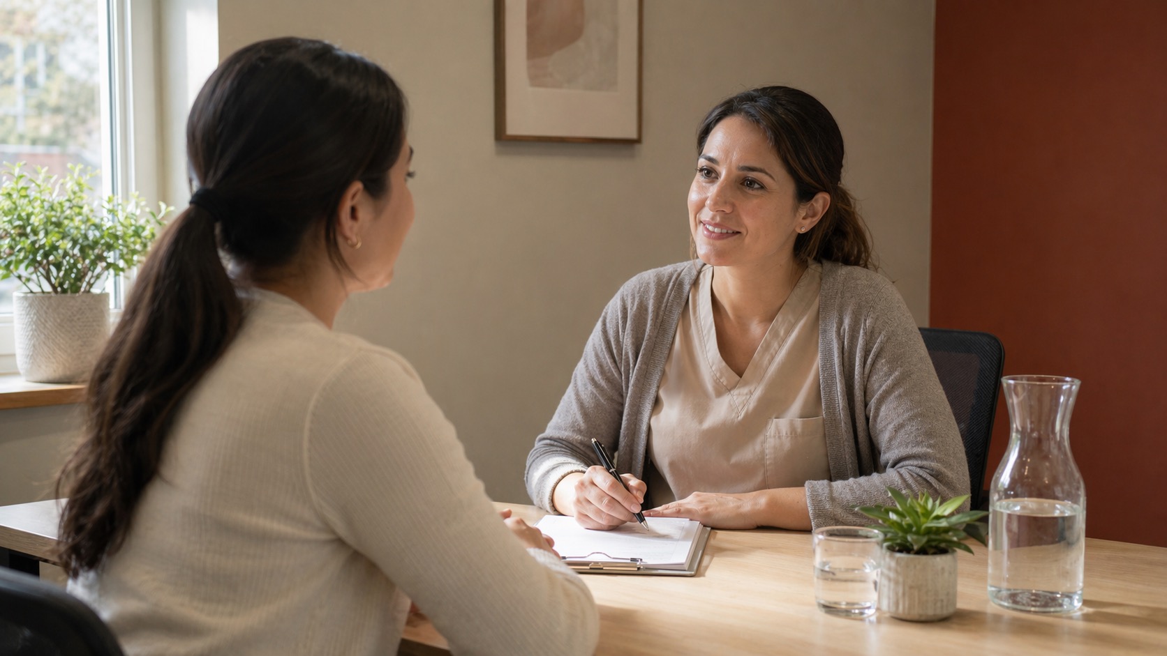 Care coordinator answering surrogate screening questions during a private consultation.