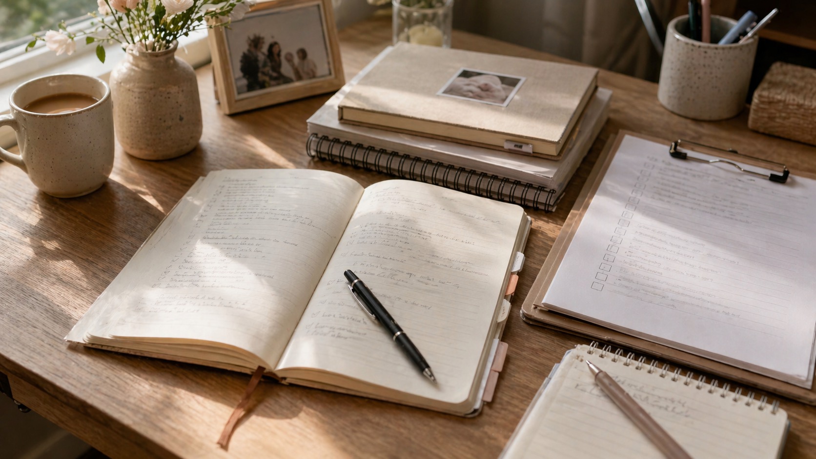 Notebook and planning materials laid out for a surrogacy timeline review.