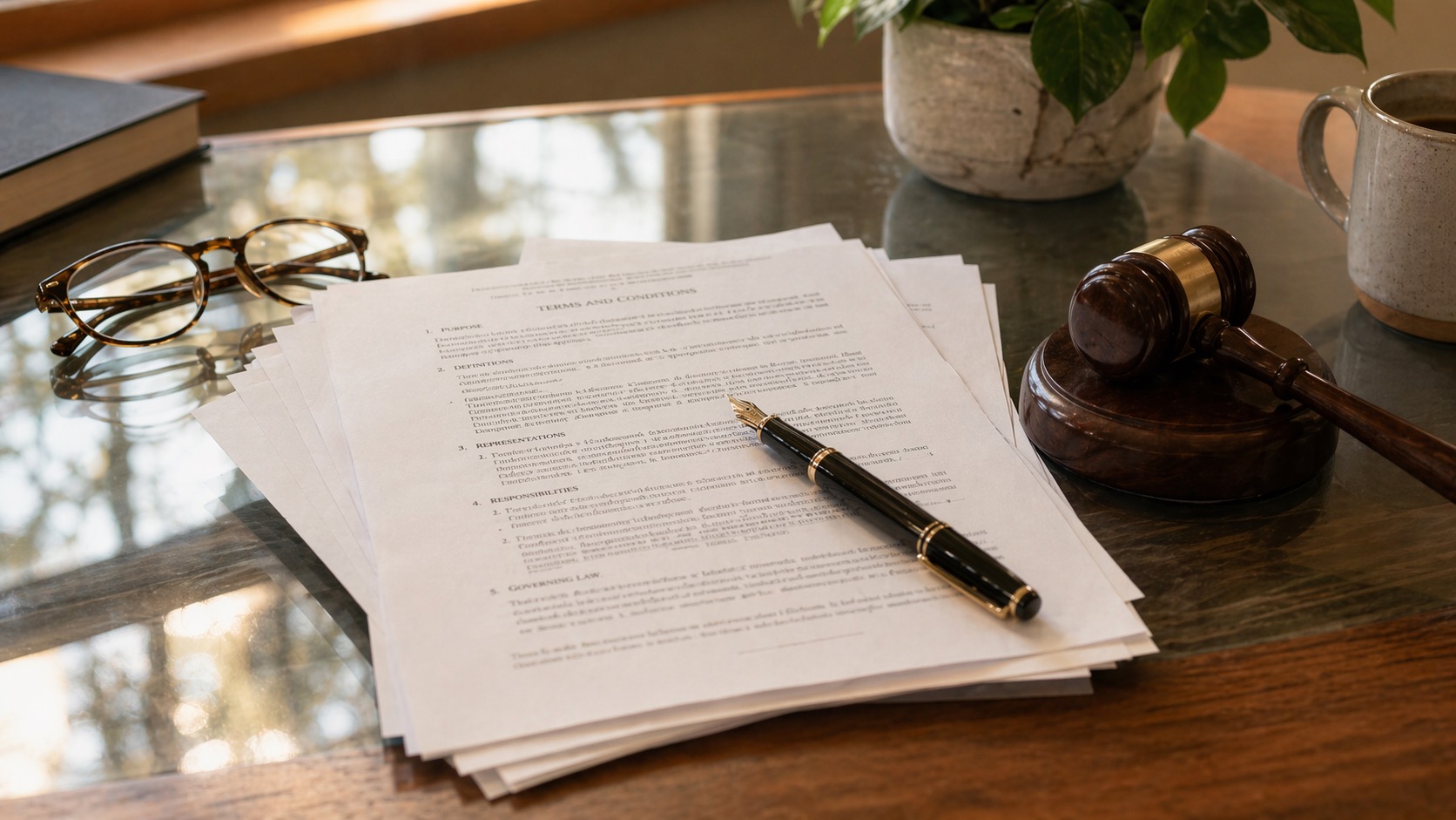 Legal documents and a pen on a desk for terms and conditions review.